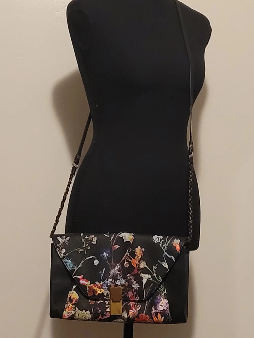 Elliott Lucca Black Floral Envelope Crossbody Clutch with Gold Lock